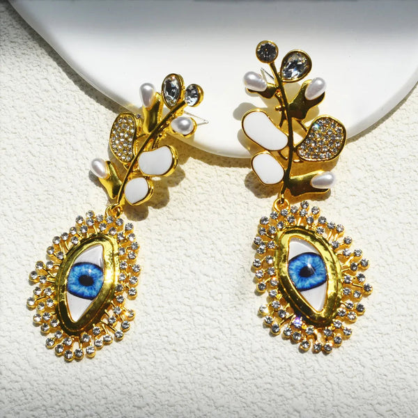 Veile Studios Diamond Leaf And Pearl Dangle With Eye Design For Women Earrings