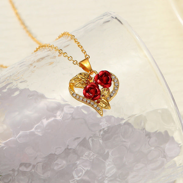 Creative Love Rose Heart Pendant Necklace For Women Exquisite Zircon Forever Romantic Valentines Day Jewelry Necklaces & Pendants