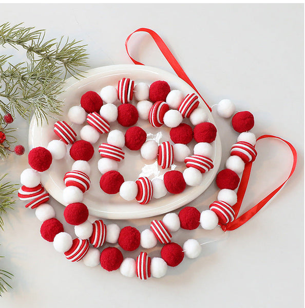 Santa Yuan New Red And White Ball String Felt Banner Diy Christmas Tree Decoration Window Hanging Ornament Seasonal Decorations