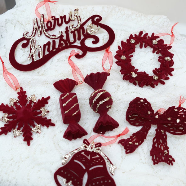 Christmas Red Velvet Door Hanger Decoration Flocked Tree Sprinkle Wreath Ornament Seasonal Decorations