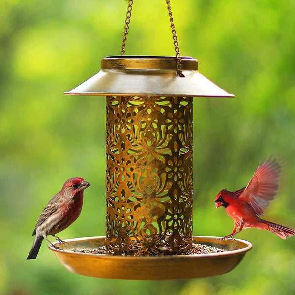 Outdoor Solar Powered Lamp Metal Hanging Bird Feeder Feeding And Watering Dual Purpose Decorative Lanterns