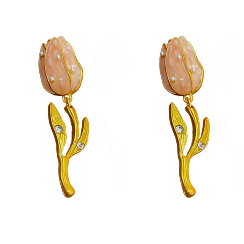 Veile Studios Oil Dripping Tulip Pearl Elegant For Women Earrings