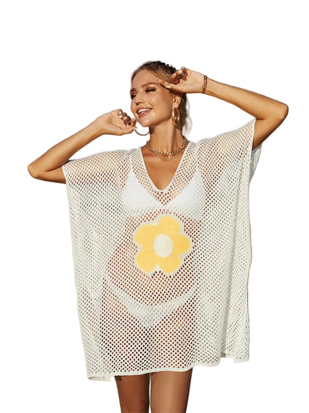 Openwork Flower V Neck Short Sleeve Cover Up Swimwear