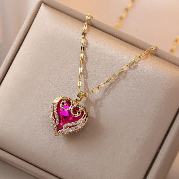 Colorful Zircon Love Heart Pendant Necklaces For Women Girls Stainless Steel Trendy Romantic Jewelry Accessories Gifts Necklaces & Pendants