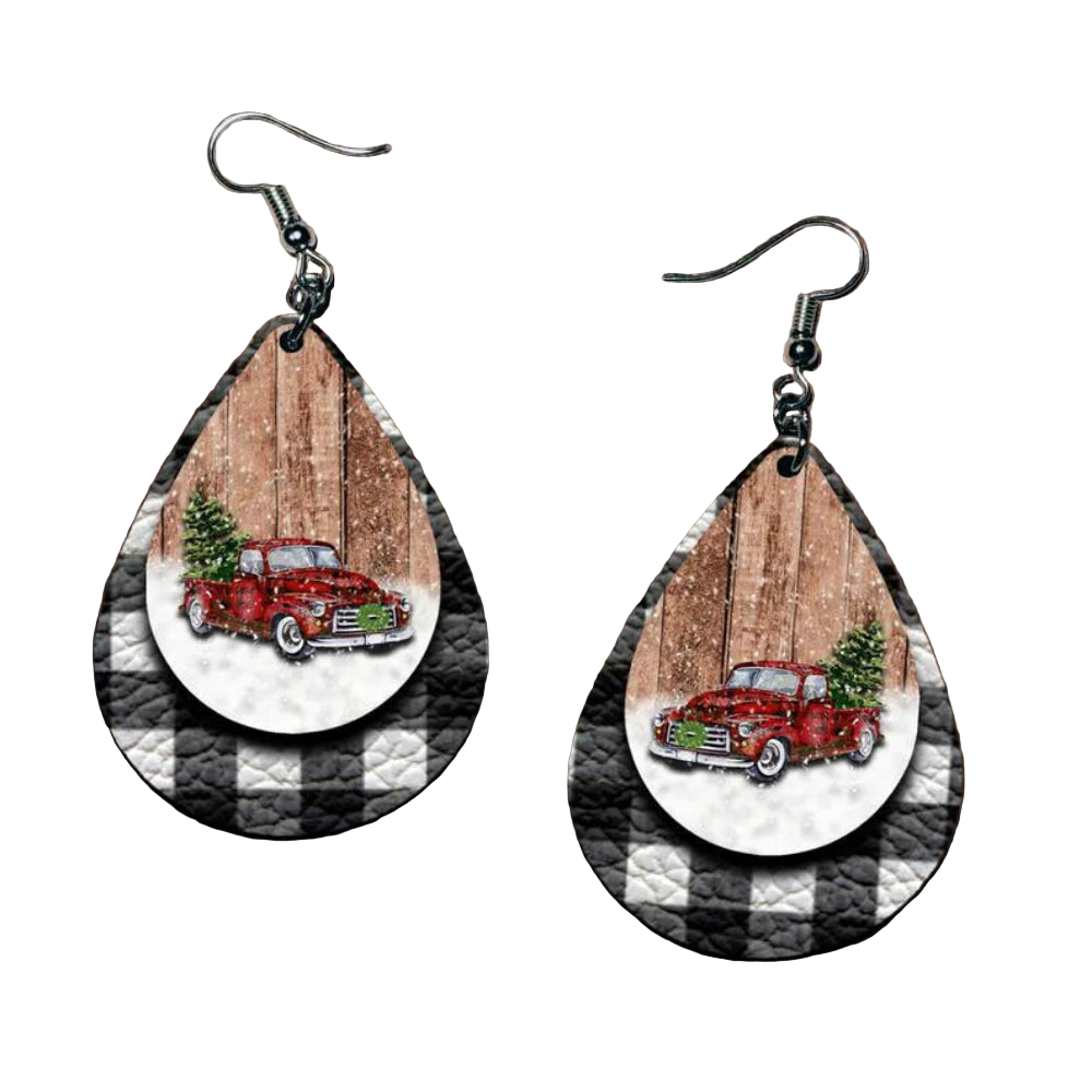 Pu Leather Plaid Teardrop Earrings