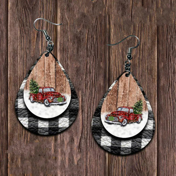 Pu Leather Plaid Teardrop Earrings