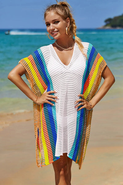 Openwork Striped Slit Knit Cover Up Swimwear