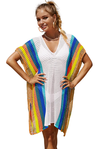Openwork Striped Slit Knit Cover Up Swimwear
