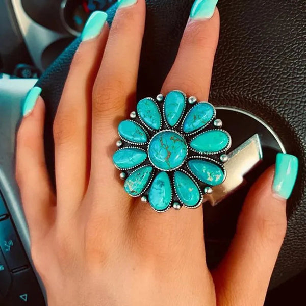 Artificial Turquoise Alloy Flower Ring Rings