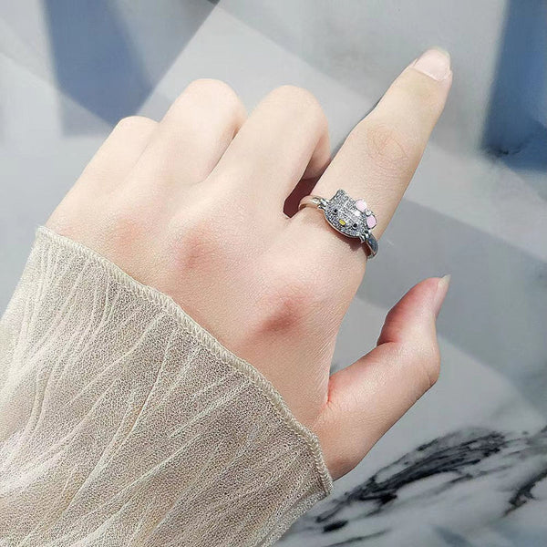 Kitty Cat Open Ring Ear Necklace Jewellery Set Rings