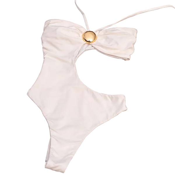 Hollow One Piece Swimsuit Halter Neck Solid Color Swimwear