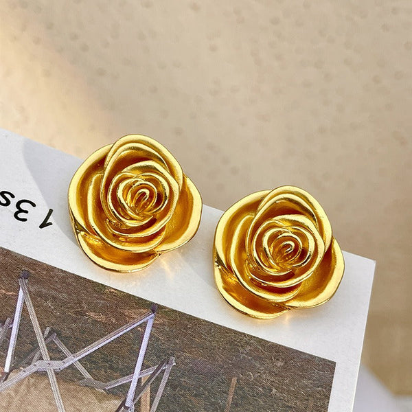 Veile Studios Retro Medal Gold Three Dimensional Rose For Everyday Wear Earrings