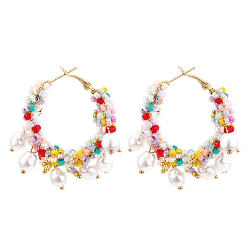 Veile Studios Bohemian Crystal Pearl Beaded Women Fashion Hoop Jewelry Accessories Earrings