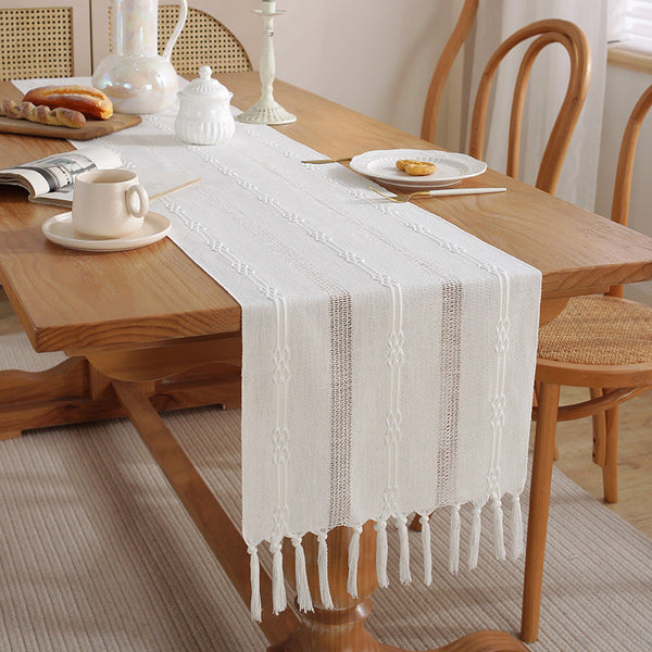Hand Woven Cotton And Linen Table Flag With Hollow Tassels Perfect For Home Rustic Dining Tables Table Runners