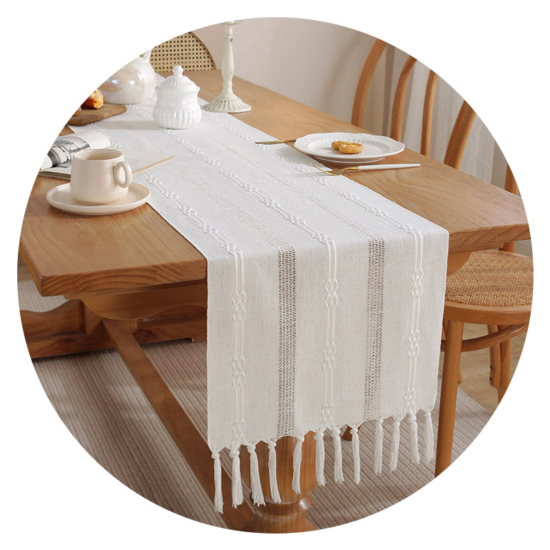 Hand Woven Cotton Linen Table Runner With Tassels Farmhouse Aesthetic Decor Table Cloths