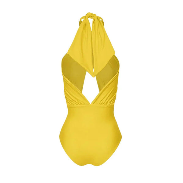Cross Neck Solid Color Hollow One Piece Swimsuit For Women Swimwear
