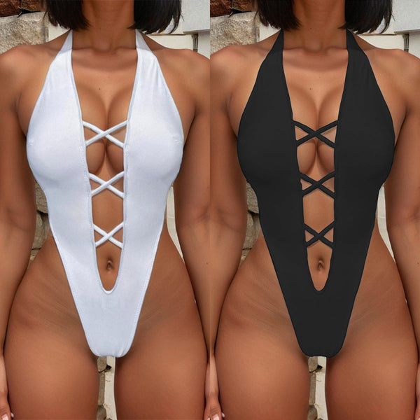 One Piece Swimsuit  Bikini Womens Backless Solid Color Swimwear