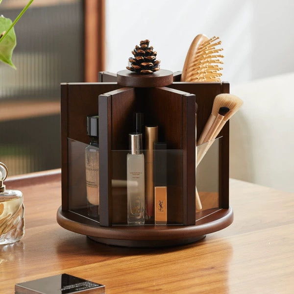 Walnut Storage Box Retro Elegant Rotating Cosmetic Skincare Vanity Desktop Organizer Shelf Makeup Bags & Cases