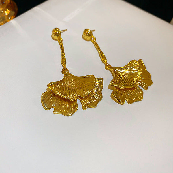 Veile Studios Simple Metal Ginkgo Leaf American Heavy Industry Long Earrings