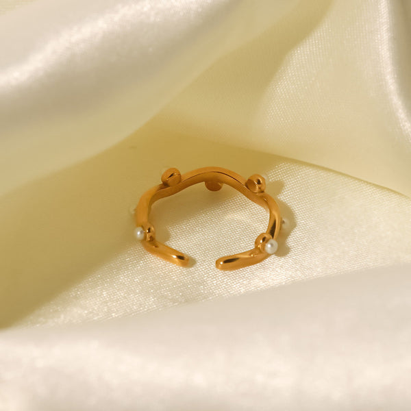 Veile Studios Titanium Steel 18K Gold Plated Irregular Inlaid White Pearl Open Ring Rings
