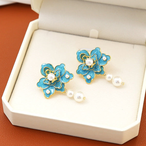 Veile Studios New Oil Dripping Blue Flower For Women Fashion Design Elegant Silver Needle Earrings
