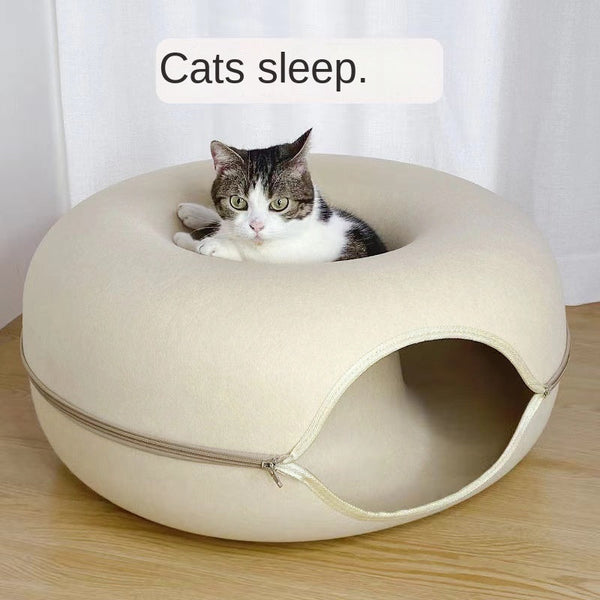 Felt Donut Cat Bed With Zipper Tunnel And Toy Double Layer Pet For Cats Pet Beds
