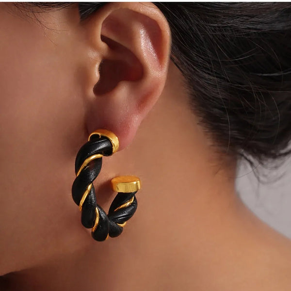 Twisted Leather Rope C Hoop Earrings