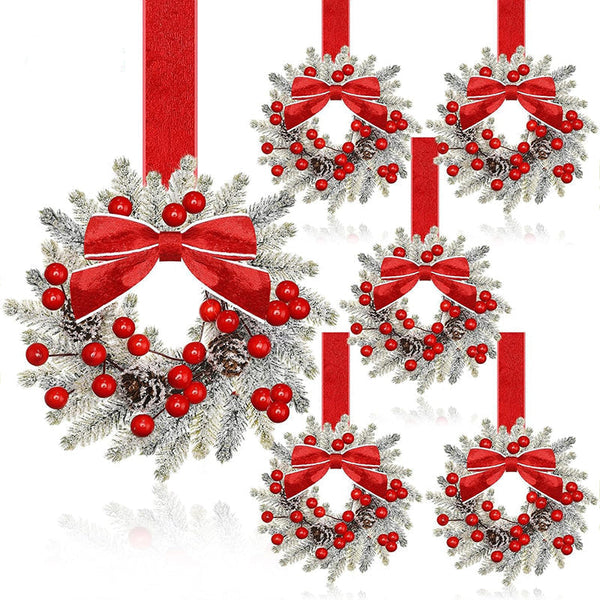 Farmhouse Mini Christmas Cabinet Wreaths Set Of 6 With Ribbon Tie Ons Seasonal Decorations
