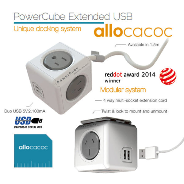 Allocacoc Powercube Extended Usb Powerboard 4 Outlets 2 Ports Grey White 1.5M Usb Cables Hubs & Adapters