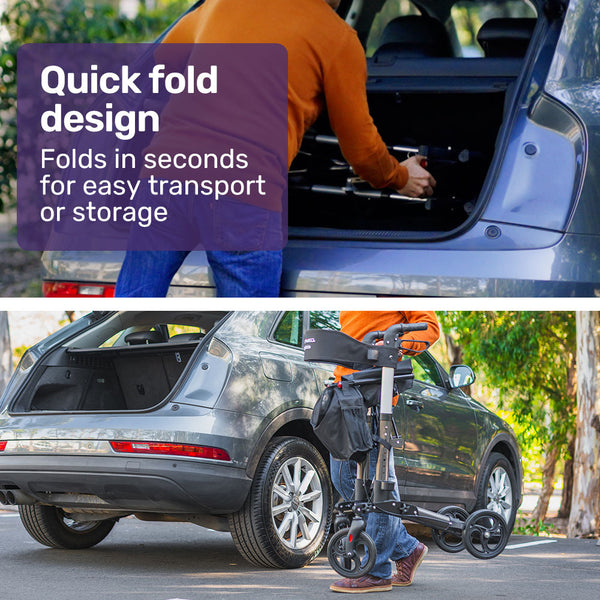 Equipmed Foldable Aluminium Walking Frame Rollator With Bag And Seat Titanium Colour Walkers & Canes