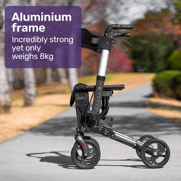 Equipmed Foldable Aluminium Walking Frame Rollator With Bag And Seat, Titanium Colour Walkers & Canes