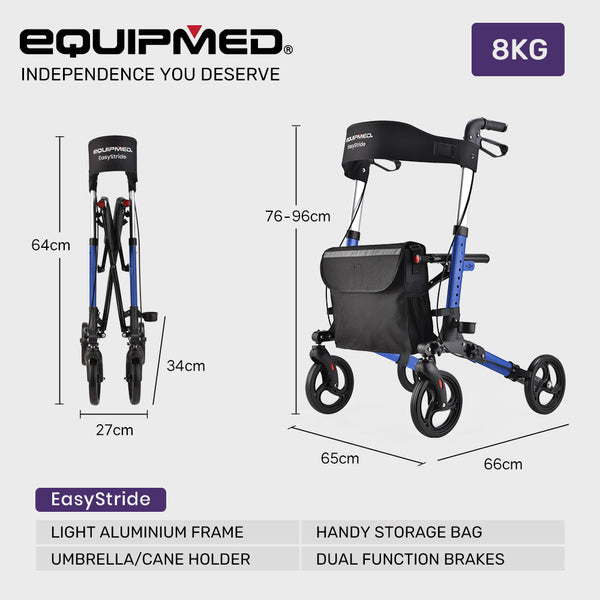 Equipmed Easystride Quick Fold Aluminium Rollator Blue Walkers & Canes