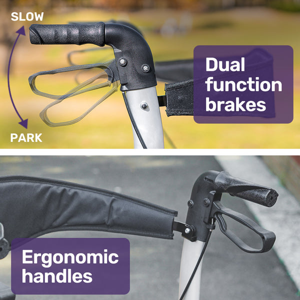 Equipmed 2 In 1 Foldable Aluminium Walking Frame Rollator And Transit Wheelchair With Bag Titanium Colour Walkers & Canes