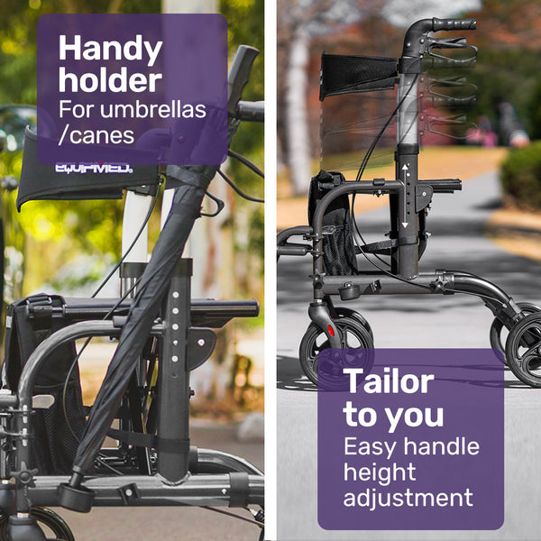 Equipmed 2 In 1 Foldable Aluminium Walking Frame Rollator And Transit Wheelchair With Bag Titanium Colour Walkers & Canes