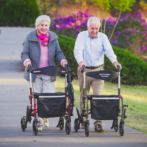 Equipmed 2 In 1 Foldable Aluminium Walking Frame Rollator And Transit Wheelchair With Bag Titanium Colour Walkers & Canes