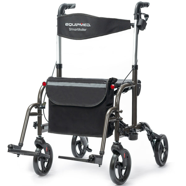 Equipmed 2 In 1 Foldable Aluminium Walking Frame Rollator And Transit Wheelchair With Bag Titanium Colour Walkers & Canes