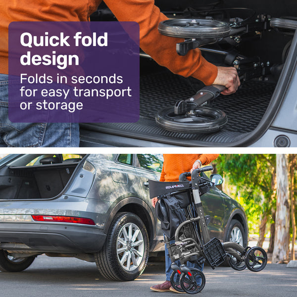 Equipmed 2 In 1 Foldable Aluminium Walking Frame Rollator And Transit Wheelchair With Bag Titanium Colour Walkers & Canes