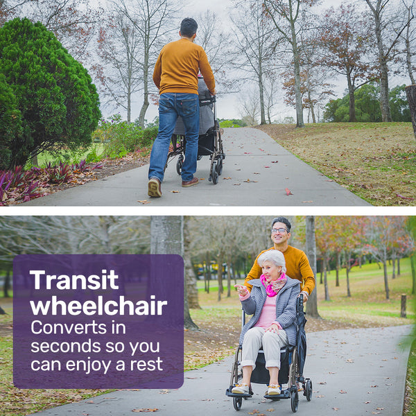 Equipmed 2 In 1 Foldable Aluminium Walking Frame Rollator And Transit Wheelchair With Bag Titanium Colour Walkers & Canes