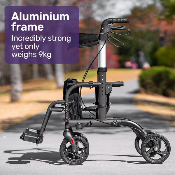 Equipmed 2 In 1 Foldable Aluminium Walking Frame Rollator And Transit Wheelchair With Bag Titanium Colour Walkers & Canes