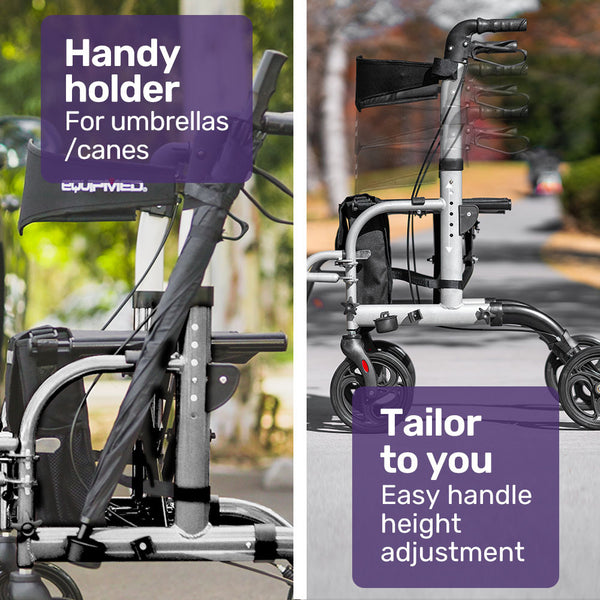 Equipmed 2 In 1 Folding Rollator Wheelchair Adjustable Mobility Walker W/ Park Brakes & Bag Silver Walkers & Canes