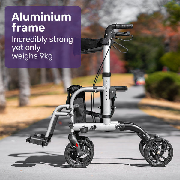 Equipmed 2 In 1 Folding Rollator Wheelchair Adjustable Mobility Walker W/ Park Brakes & Bag Silver Walkers & Canes