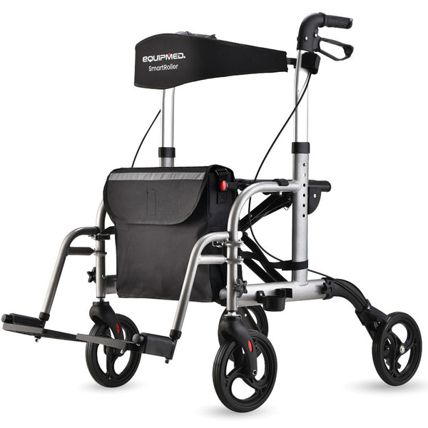 Equipmed 2 In 1 Folding Rollator Wheelchair Adjustable Mobility Walker W/ Park Brakes & Bag Silver Walkers & Canes