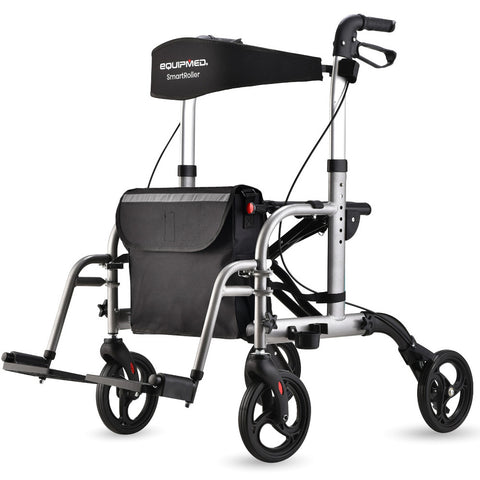 Equipmed 2 In 1 Folding Rollator Wheelchair Mobility Walker W/ Park Brakes & Bag Silver Walkers & Canes