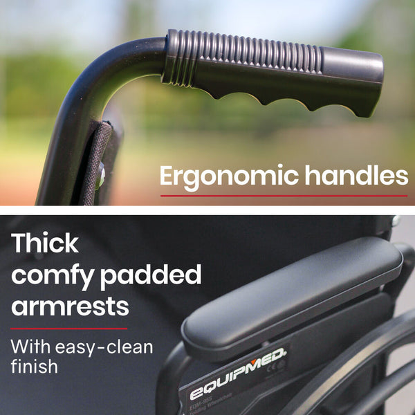 Equipmed Folding Wheelchair 24 Inch 136Kg Capacity Chair Retractable Armrests Black Wheelchairs