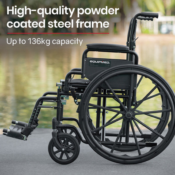 Equipmed Folding Wheelchair 24 Inch 136Kg Capacity Chair Retractable Armrests Black Wheelchairs