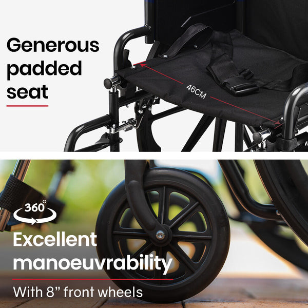Equipmed Folding Wheelchair 24 Inch 136Kg Capacity Chair Retractable Armrests Black Wheelchairs