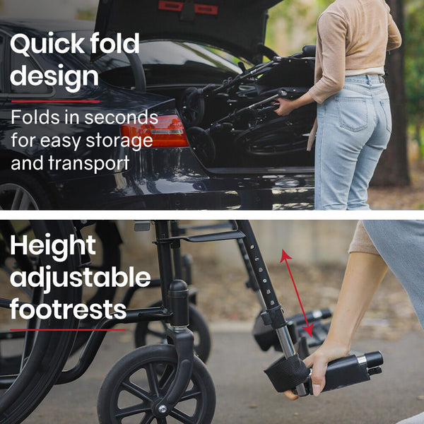 Equipmed Folding Wheelchair 24 Inch 136Kg Capacity Chair Retractable Armrests Black Wheelchairs