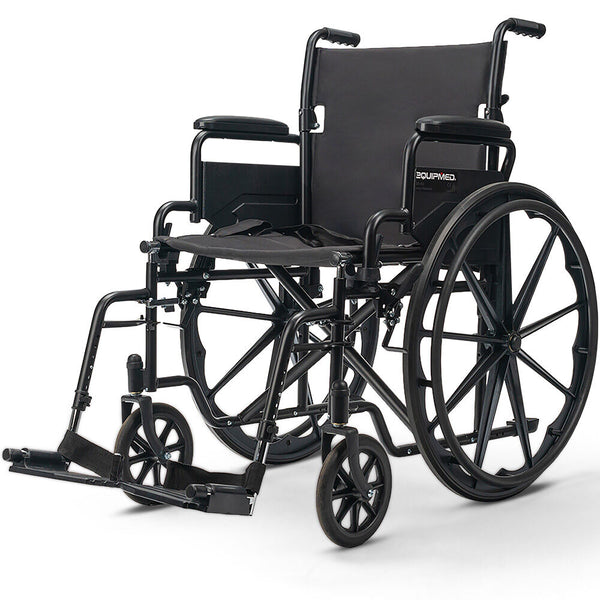 Equipmed Folding Wheelchair 24 Inch 136Kg Capacity Chair Retractable Armrests Black Wheelchairs