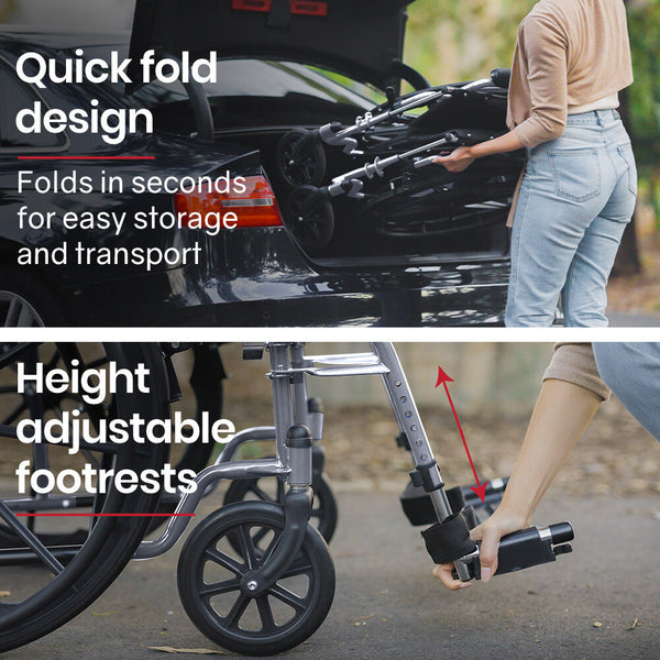 Equipmed 24 Inch Folding Wheelchair Lightweight Portable For Elderly And Disabled Grey Wheelchairs