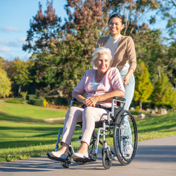 Equipmed 24 Inch Folding Wheelchair Lightweight Portable For Elderly And Disabled Grey Wheelchairs